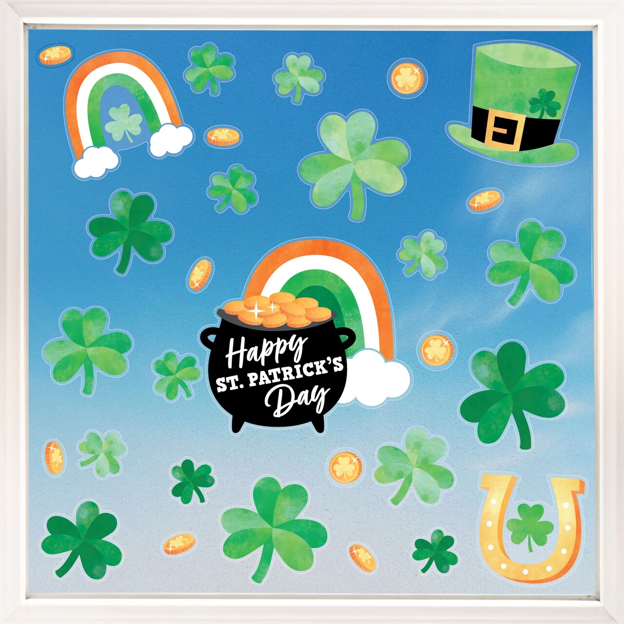 Big Dot of Happiness St. Patrick’s Day Window Clings, Reusable Holiday Window Sticker, Pot of Gold & Shamrock Decals, St. Paddy's Static Clings